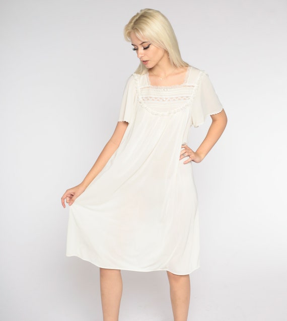 Cream Nightgown 90s Lingerie Dress Knee Length Lace Bib Tent Sleep Lounge Dress Short Sleeve Nightie Retro Loungewear Vintage 1990s Medium M
