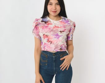 Vintage Floral Crop Top 70s 80s Puff Sleeve Shirt Pink Purple Watercolor Blouse Retro Short Sleeve Cropped 1970s Tulip Sleeve Summer Medium