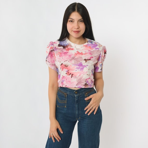 Vintage Floral Crop Top 70s 80s Puff Sleeve Shirt Pink Purple Watercolor Blouse Retro Short Sleeve Cropped 1970s Tulip Sleeve Summer Medium