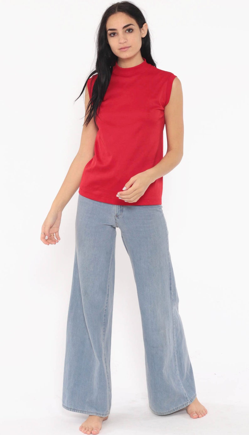 Red Tank Top 70s Sleeveless Shirt Retro High Neck Tank Top Mod Boho Blouse Vintage Plain Simple Polyester 1970s Small