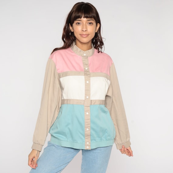 Color Block Windbreaker 80s Pastel Striped Jacket Snap Up Spring Bomber Hipster Retro Boho Tan Baby Pink Blue Stripes Vintage 1980s Medium M
