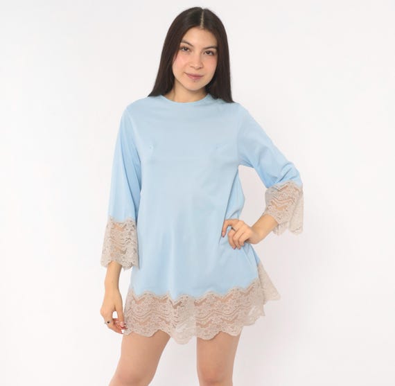 70s Lace Trim Mini Slip Dress Sky Blue Cream Scalloped Hem Bell Sleeve A Line Shift Keyhole Back Button Feminine Babydoll  Extra Small XS