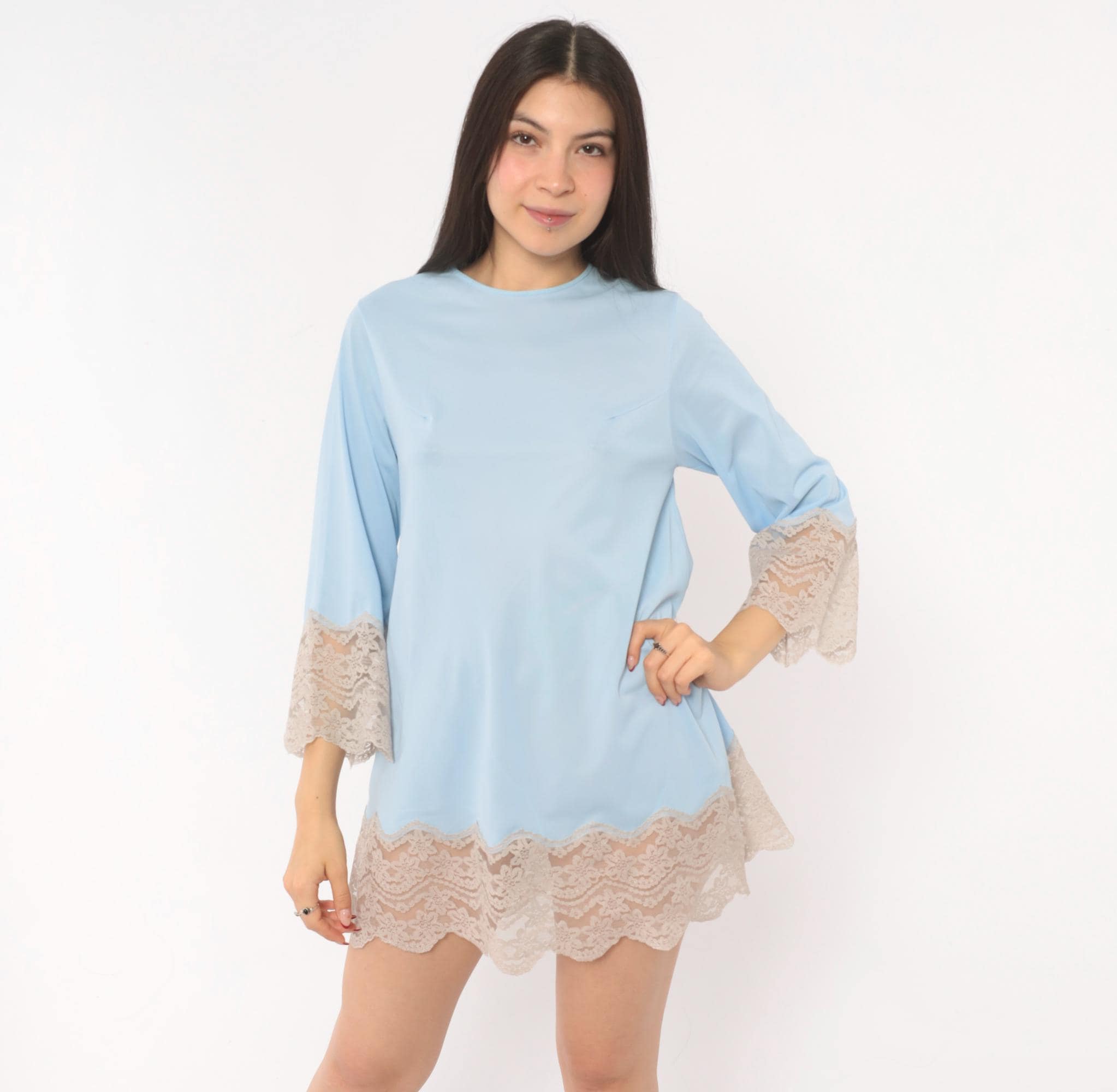 blue lace bell sleeve dress size:M/UK12 The bell sleeves W_Tying_Type_Slingbacks Roveilla Plus Size V-Neck