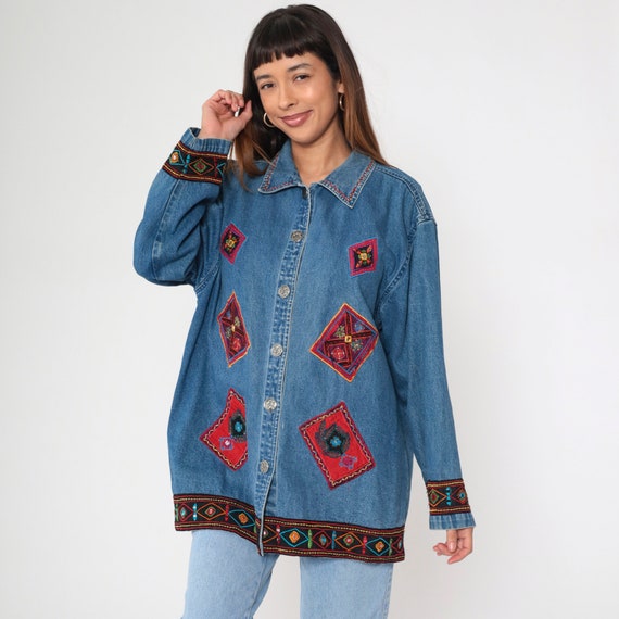 Floral Denim Jacket 90s Embroidered Patch Blue Jean Jacket Patchwork Button up Shisa Mirror Bohemian Shacket Vintage 1990s Extra Large xl