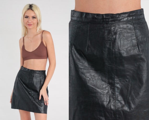 Black Leather Mini Skirt 90s Pencil Skirt Retro G… - image 1