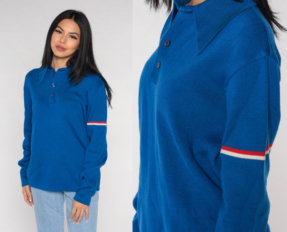 Blue Polo Sweater 70s Striped Knit Pullover Sweater Collared Preppy Button up Jumper Freaks and Geeks Acrylic Vintage 1970s Meister Large L