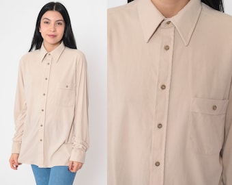 Taupe Velour Shirt 70s Disco Shirt Button up Collared Top Long Sleeve Chest Pocket Preppy Retro Plain Basic Disco Vintage 1970s Mens Large L