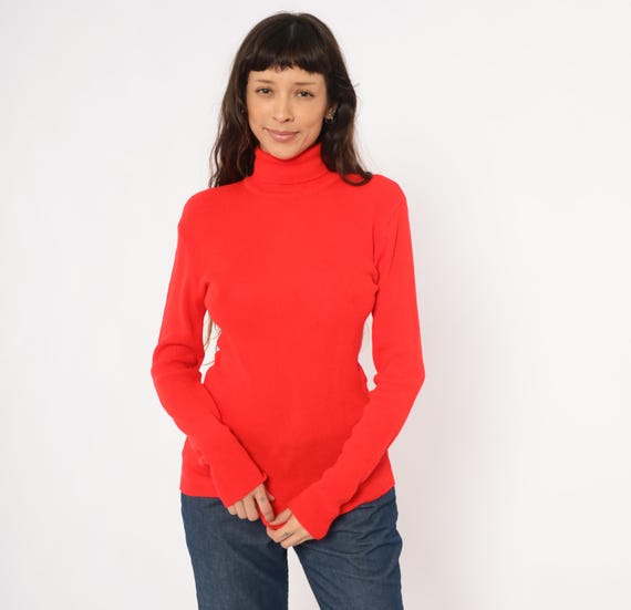 70s Red Turtleneck Sweater Ribbed Knit Pullover Scarlet Cherry Crimson Vintage High Neck Winter Layering Top Skiing Women Medium Large M L