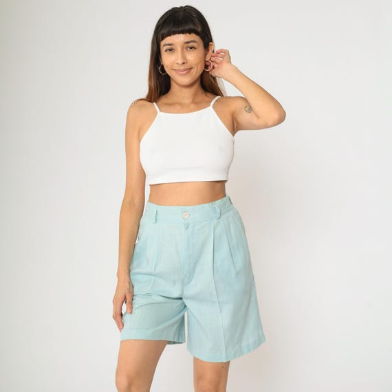 Vintage 80s Light Blue Pleated Shorts High Waist Linen Blend Trouser Wide Leg Summer Bermuda Pastel Casual Minimalist 1980s Small Medium