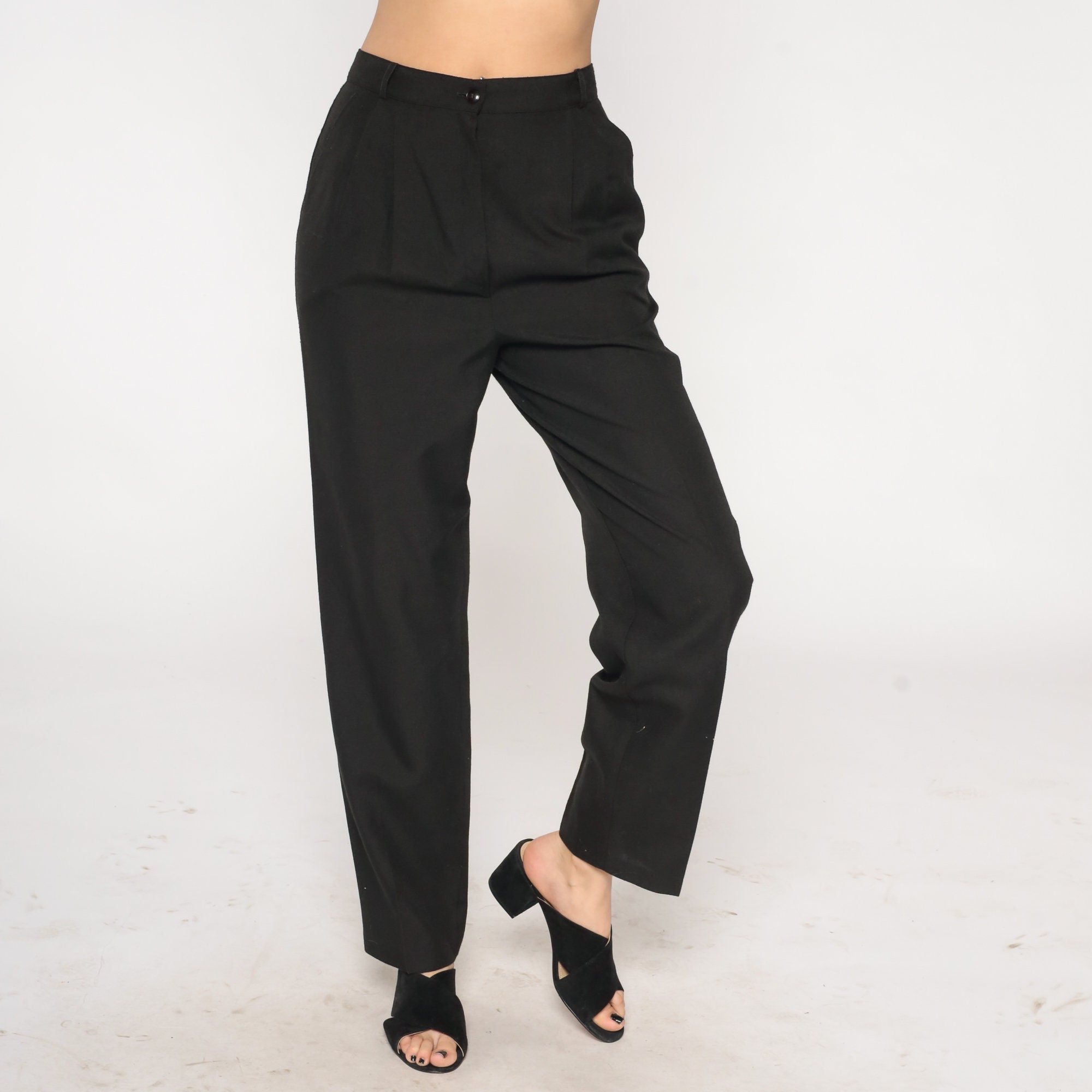 Black Trousers 80s Straight Leg Pants Basic Plain Simple Chic High ...