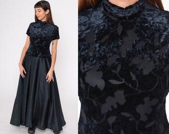90s Black Party Dress Velvet Burnout Maxi Dress Leaf Print Drop Waist Dress Short Sleeve 1990s Gothic Vintage Mock Neck Ankle Length Small 6