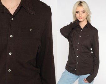 70s Button Up Shirt Brown Pointed Collar Shirt Long Sleeve Polo Top Plain Disco Shirt Retro Normcore 1970s Collared Oxford Men's Medium M