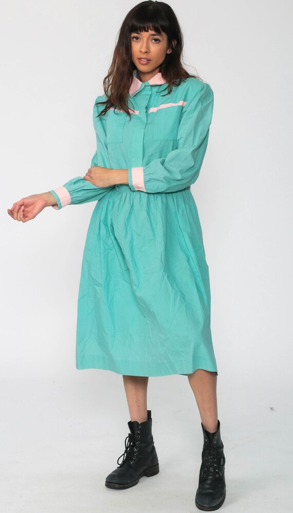 Turquoise Dress Midi 80s Shirtwaist Puff Sleeve D… - image 5