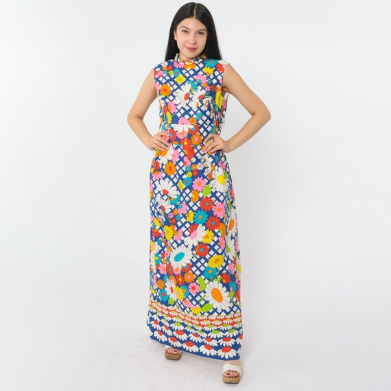 Vintage Mod Rainbow Floral Dress 60s Maxi Daisy Print Sleeveless Flower Power Blue Lattice 70s High Waist 1960s Boho Summer Party Medium 8