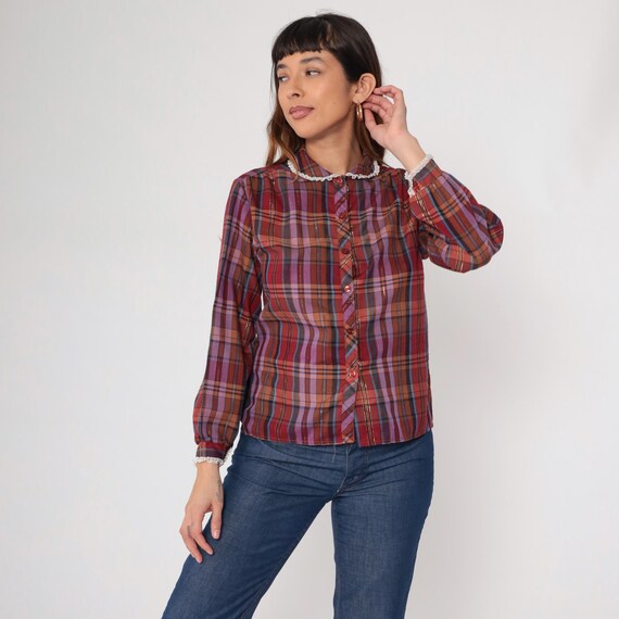 70s Plaid Blouse Burgundy Purple Metallic Prairie Lace Collar Cuff Vintage Peasant Cottagecore Semi Sheer Long Sleeve Fall Fashion Medium 36