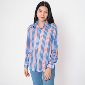Red White and Blue Striped Blouse 70s Button up Shirt Long Sleeve Collared Disco Top Groovy Americana Vertical Stripe Vintage 1970s Medium M
