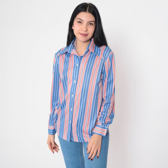 Red White and Blue Striped Blouse 70s Button up Shirt Long Sleeve Collared Disco Top Groovy Americana Vertical Stripe Vintage 1970s Medium M