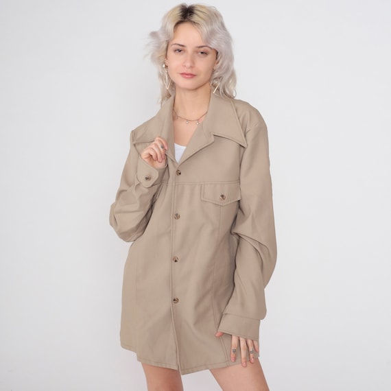 Khaki Jacket 70s Over Shirt Tan Retro Plain Button Up Long Sleeve Collared Jacket Notched Wing Collar Vintage 1970s Men's Large 44