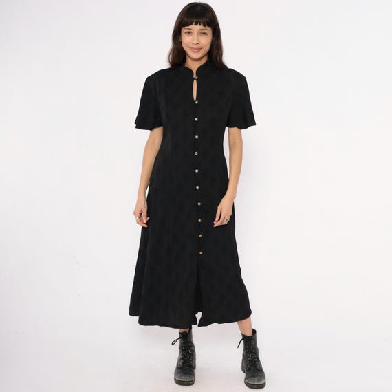 Gothic Keyhole Dress 90s Mandarin Collar Black Flutter Sleeve Tie Back Waist Vintage Dark Academia Grunge Vampy Alternative Goth Medium M
