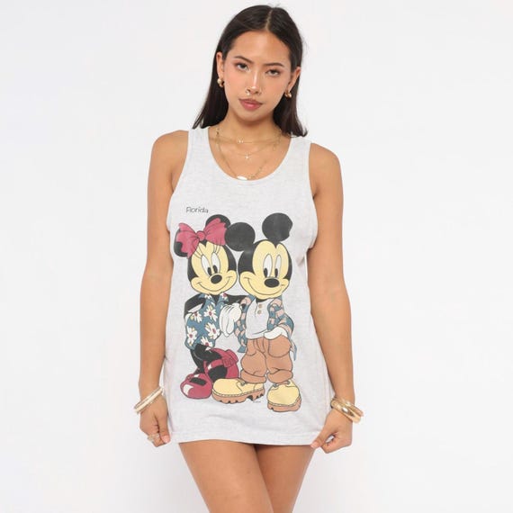 90s Mickey Minnie Mouse Tank Florida Disney Graphic Sleeveless Tee Grey Heather Ash Cotton Cartoon Shirt Grunge Streetwear Vacation Medium M