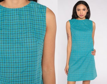 60s Mod Mini Dress Blue Green Checkered 