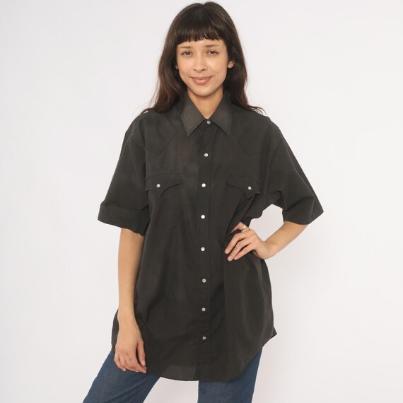 90s Black Western Snap Shirt Short Sleeve Button Front Pointed Collar Yoke Detail Cowboy Top Tall Man Loose Fit Cotton Blend Vintage Large L