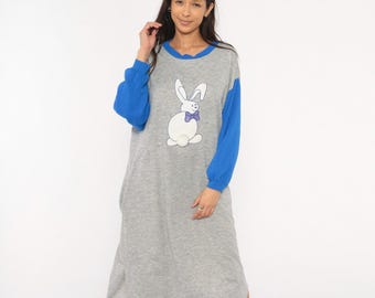 Camisón de conejito de los 80 con apliques, color gris y azul, estilo sudadera, vestido midi, con lazo de conejo, ropa de estar por casa, estampado novedoso, camisa de dormir vintage grande L