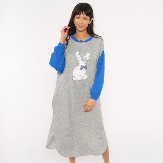 80s Bunny Nightgown Applique Grey Blue Colorblock Sweatshirt Dress Midi Rabbit Bow Tie Loungewear Novelty Print Sleep Shirt Vintage Large L