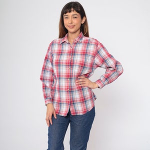 90s Plaid Shirt Red White Blue Retro Button Up Shirt Checkered Collared Long Sleeve Grunge Casual Vintage 1990s Large L