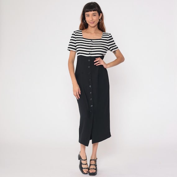 Striped Summer Dress 90s Black White Short Sleeve Scoop Neck Color Block Minimalist Designer Nautical Vintage Work Gothic Grunge Alt Medium