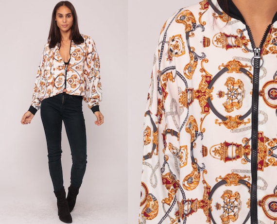 90s Windbreaker Baroque Jacket Bomber Nautical CROWN PRINT 80s Coat Track Jacket Gold Oversized Hipster Vintage White Retro Small Medium