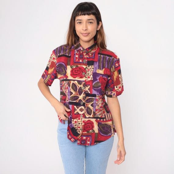 Patchwork Abstract Shirt 90s Button Front Short Sleeve Rose Geometric Pattern Purple Red Cream Cotton Collared Novelty Vintage Medium M