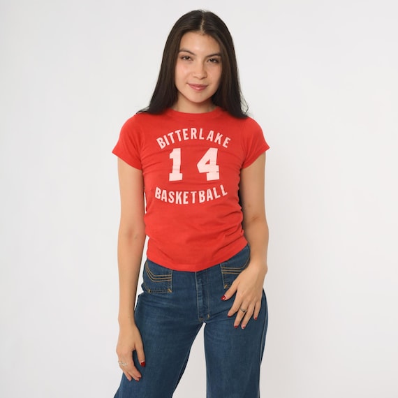 80s Basketball Tee Shirt Bitterlake T-Shirt Vintage 1980s Graphic Number 14 Single Stitch Red Bitter Lake Seattle Short Sleeve 2xs xxs