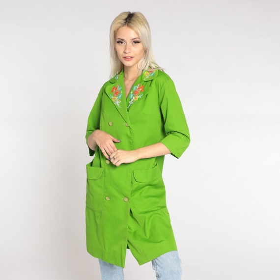 Lime Green Trench Coat 60s 70s Floral Embroidered… - image 4