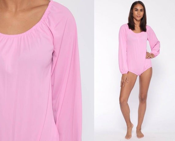 Pink Bodysuit Top 70s Top Disco Shirt Slouchy Blouse Long Sleeve Shirt 1970s Vintage Plain Retro One Piece Boycut Small