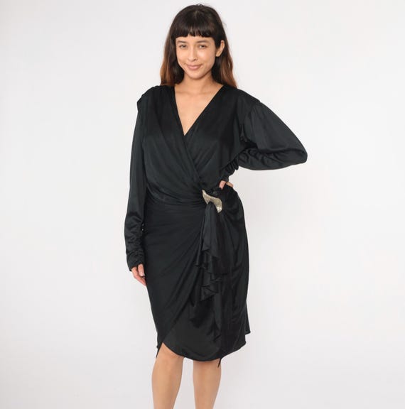 80s Black Faux Wrap Dress Vintage Beaded Party Midi Dress Long Sleeve V Neck Plain Party Dress Evening Draped 1980s Medium