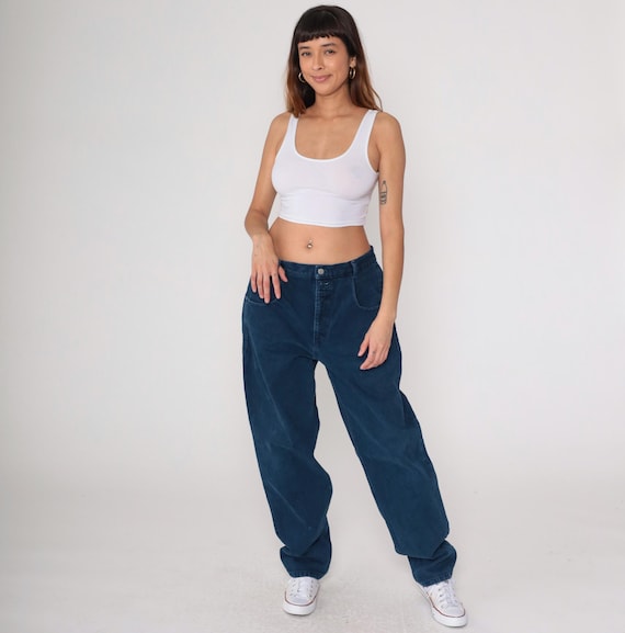 Vintage Guess Jeans 90s Straight Leg Mom Jeans Retro Tapered Jeans High Waisted Rise Jeans Denim Pants Dark Blue Basic Slim 1990s Large L 38