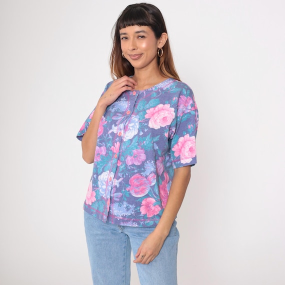 Vintage Floral Blouse 90s Purple Button Up Shirt Short Sleeve Top Retro Hot Pink Flower Print Summer 1990s Medium