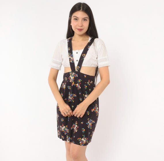 70s Floral Suspender Mini Dress Black Wildflower Cotton Pinafore Daisy Bouquet Colorful Prairie Cottagecore Hippie Summer Jumper Small S