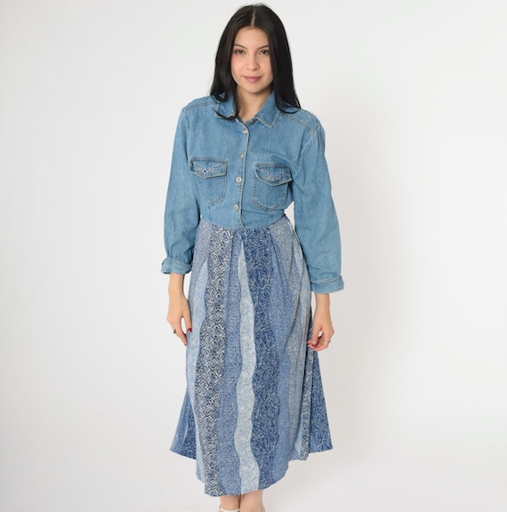 Vintage 90s Denim Dress M Patchwork Striped Blue Jean Ankle Length Midi Floral Embroidered Button Up 1990s High Waisted Long Sleeve Medium