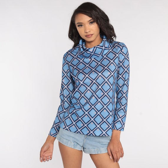 Geometric Turtleneck Shirt Blue Geometric Blouse 1970s Top Long Sleeve Boho Hippie 70s Funnel Neck Turtle Neck Top Vintage Extra Small xs