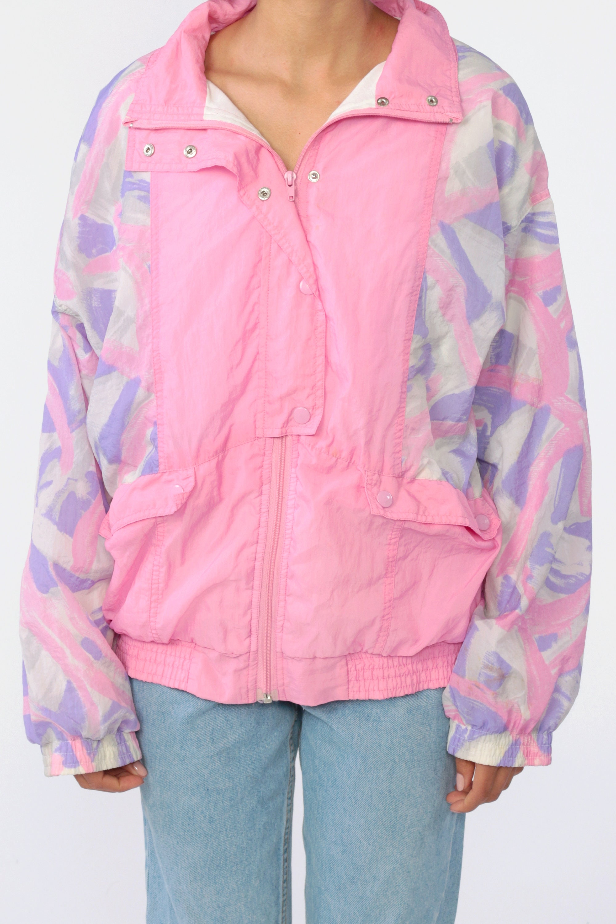 90s Windbreaker Jacket Pink BRUSHSTROKE Print Jacket Brush ...
