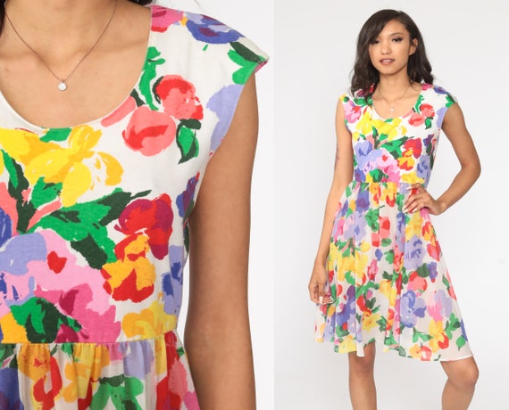 70s Mini Dress Floral Print Mini White Floral Dres