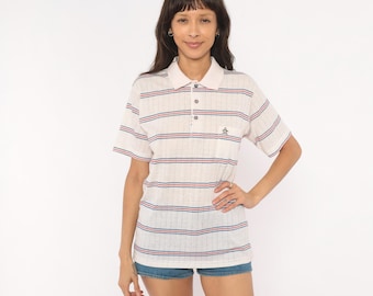 80s Striped Polo Grand Slam Penguin Pocket Tee Red Blue Cotton Collar Button Front Preppy Golf Shirt Collegiate Academic Cream Top Medium M
