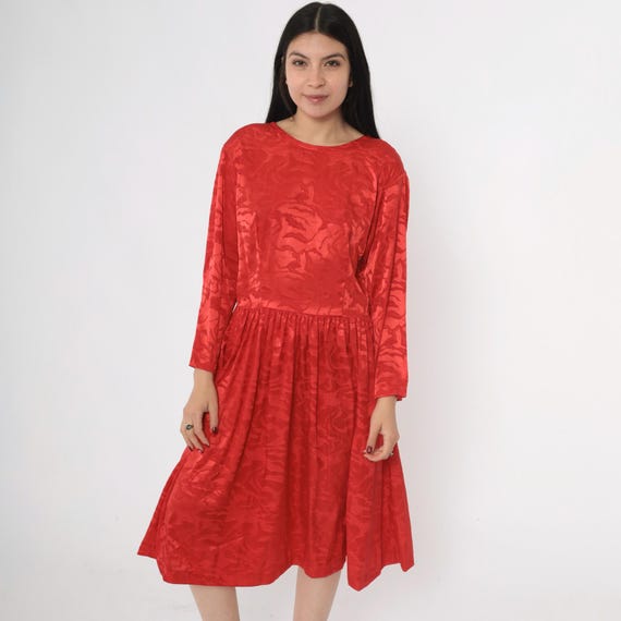Vintage Red Jacquard Dress 80s Abstract Apostrophe Long Sleeve Fit and Flare Scoop Back Midi Party Dress Made in USA 1980s Medium M