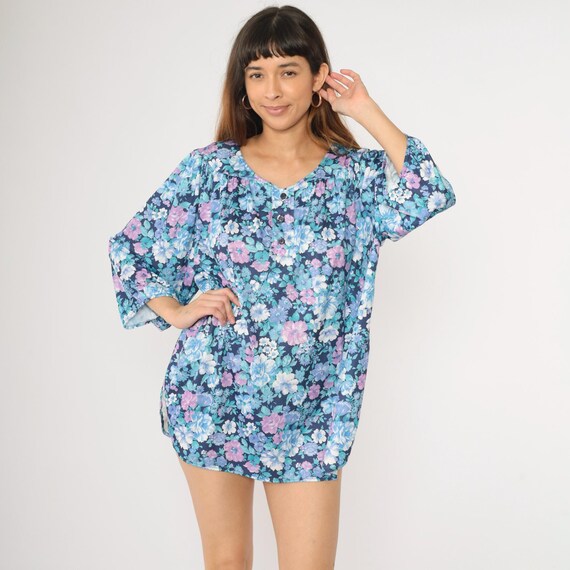 Vintage Floral Tent Top 80s Blue Purple Button Up Blouse Boho Tunic Top Long 3/4 Sleeve Bohemian Retro Curved Hem Micro Mini Dress Large 42