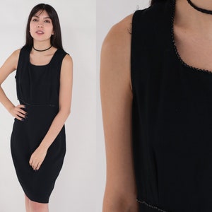 Little Black Dress 90s Beaded Mini Dress Simple Sheath Dress Party Formal Cocktail Plain Sleeveless Pencil Dress Vintage 1990s Medium 10