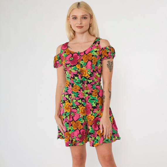 90s Floral Romper Cold Shoulder Mini Playsuit Retro Bright One Piece Boho Wide Leg Shorts Button Up Summer Vintage 1990s Pink Green Small 5