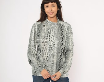 Snakeskin Print Blouse 90s Silver Grey Animal Pattern Shirt High Collar Reptile Top Black Python Charcoal Ash Mob Wife Vintage Medium M