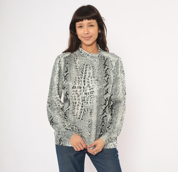 Snakeskin Print Blouse 90s Silver Grey Animal Pattern Shirt High Collar Reptile Top Black Python Charcoal Ash Mob Wife Vintage Medium M